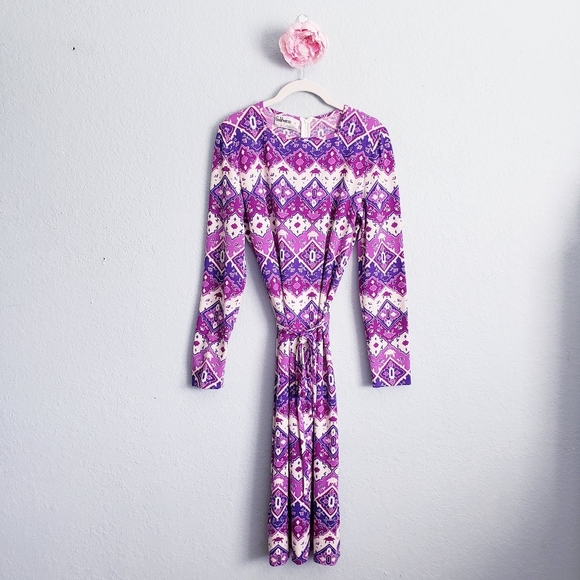 Vintage‎ Goldworm Purple And White Geometric Longsleeve Merino Wool Dress - Picture 2 of 8